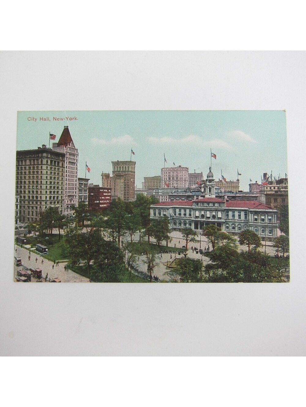 Postcard New York City Hall Buildings & American Flags Antique UNPOSTED RARE